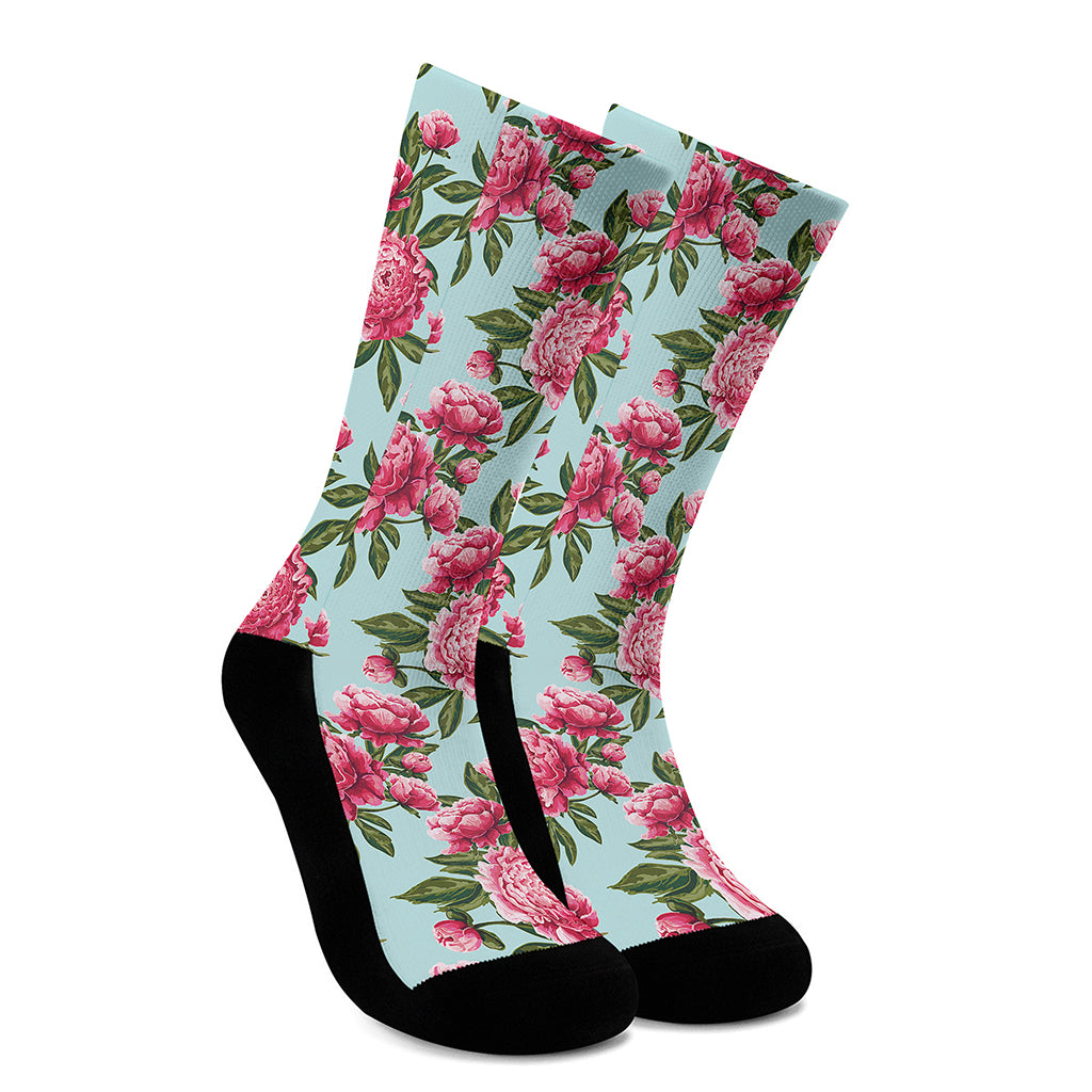 Pink Peony Pattern Print Crew Socks