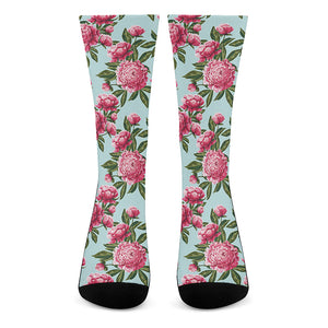 Pink Peony Pattern Print Crew Socks