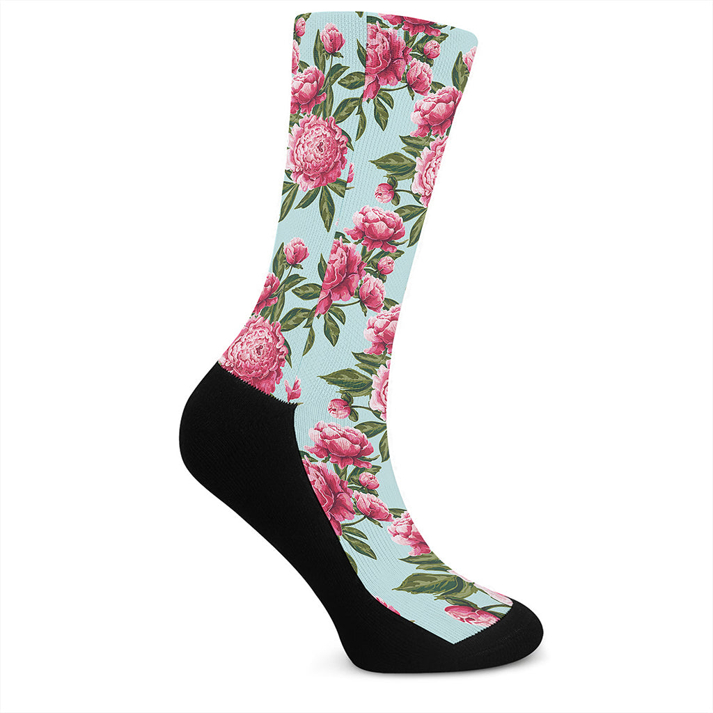 Pink Peony Pattern Print Crew Socks