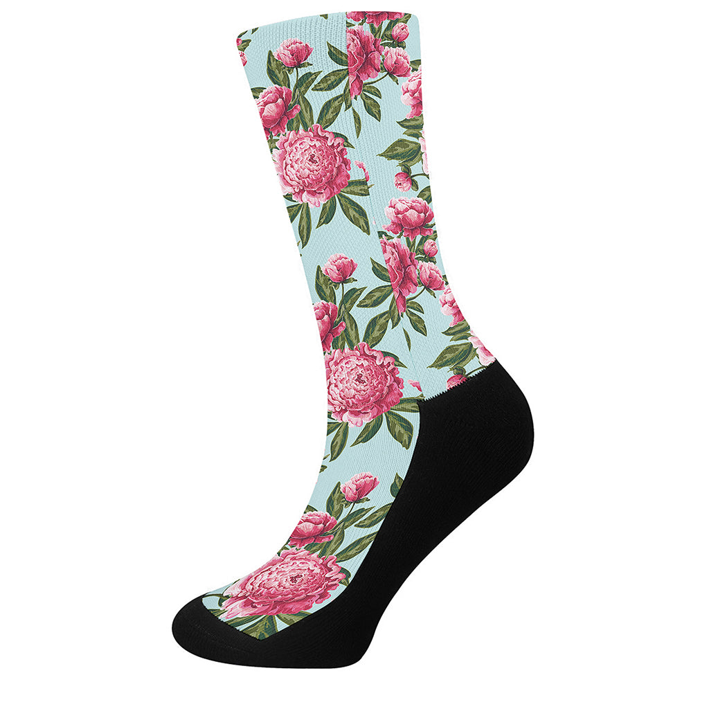 Pink Peony Pattern Print Crew Socks