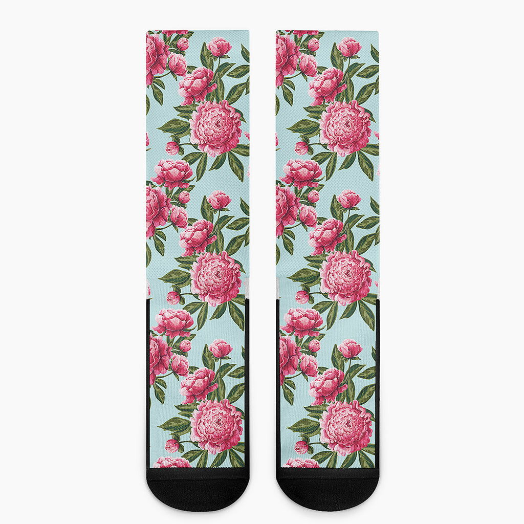 Pink Peony Pattern Print Crew Socks