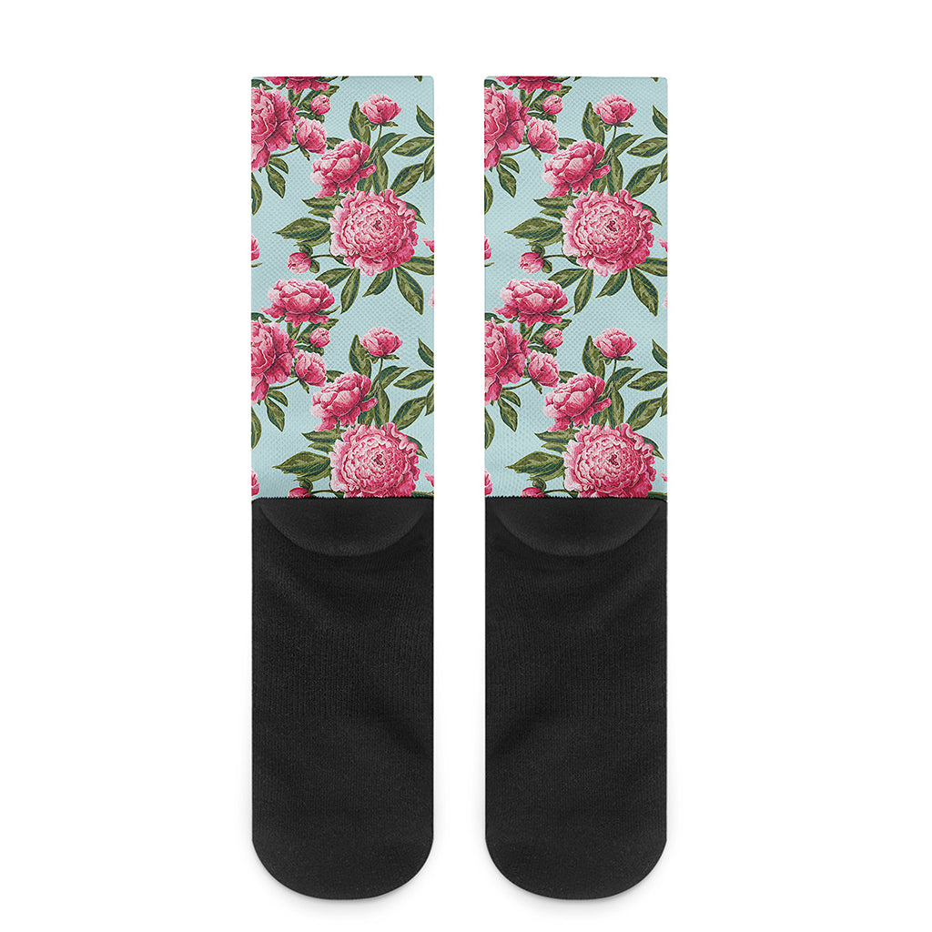 Pink Peony Pattern Print Crew Socks