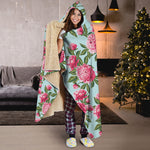 Pink Peony Pattern Print Hooded Blanket