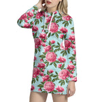 Pink Peony Pattern Print Hoodie Dress