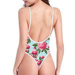 Pink Peony Pattern Print One Piece High Cut Swimsuit