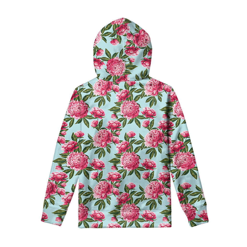 Pink Peony Pattern Print Pullover Hoodie