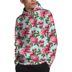 Pink Peony Pattern Print Pullover Hoodie