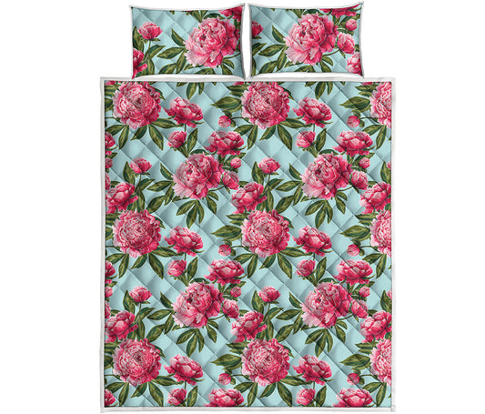 Pink Peony Pattern Print Quilt Bed Set