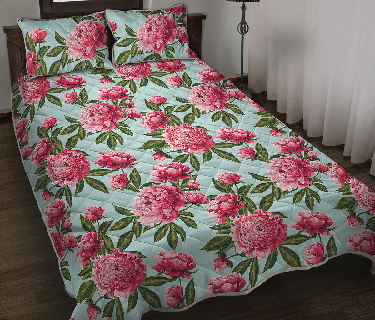 Pink Peony Pattern Print Quilt Bed Set