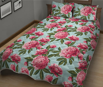 Pink Peony Pattern Print Quilt Bed Set