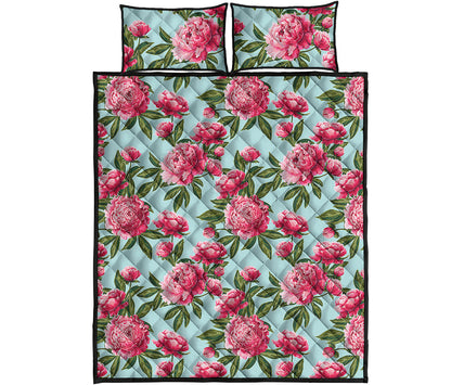 Pink Peony Pattern Print Quilt Bed Set
