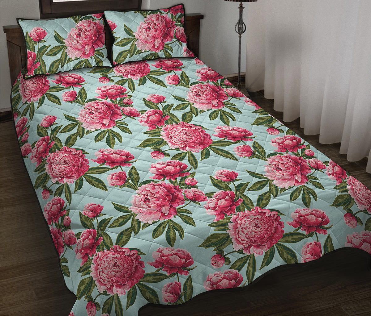 Pink Peony Pattern Print Quilt Bed Set