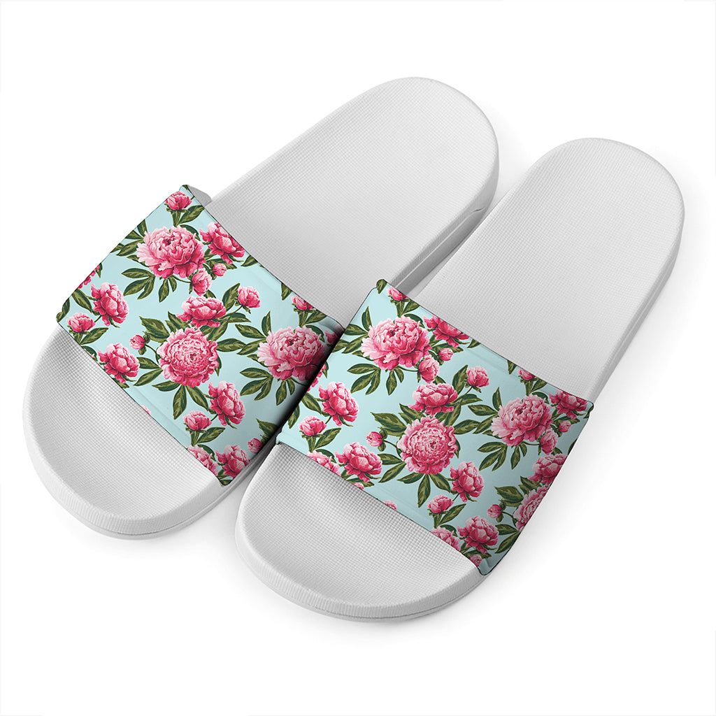 Pink Peony Pattern Print White Slide Sandals