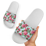 Pink Peony Pattern Print White Slide Sandals