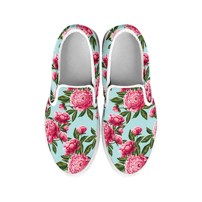 Pink Peony Pattern Print White Slip On Shoes