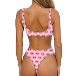 Pink Pig Nose Pattern Print Front Bow Tie Bikini
