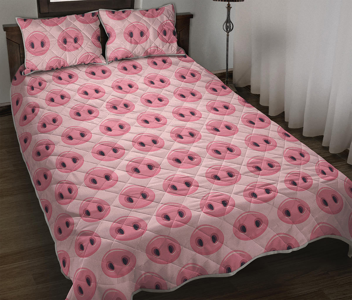 Pink Pig Nose Pattern Print Quilt Bed Set