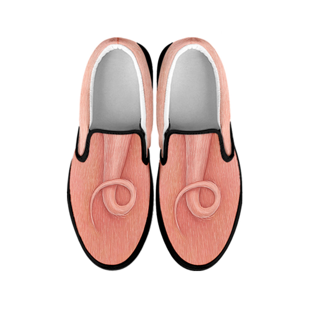 Pink Pig Tail Print Black Slip On Shoes