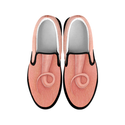 Pink Pig Tail Print Black Slip On Shoes