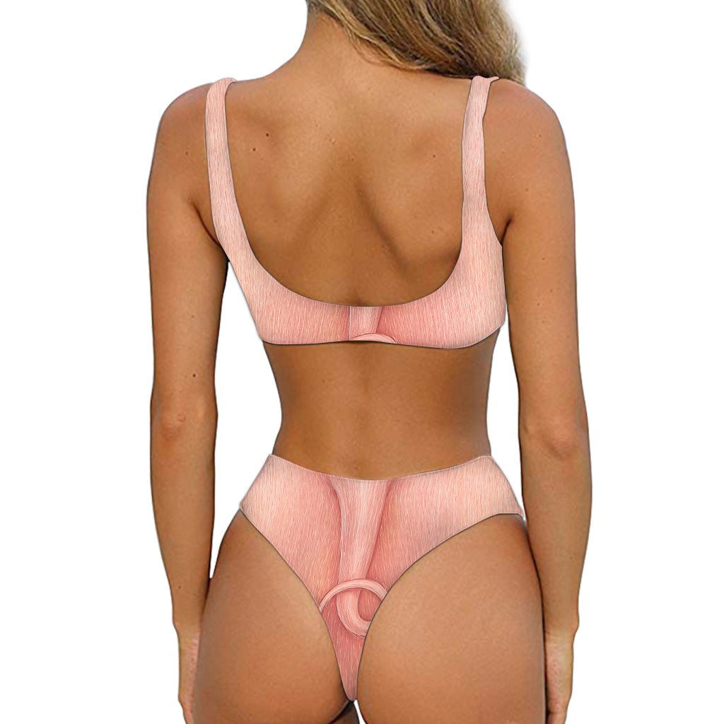 Pink Pig Tail Print Front Bow Tie Bikini