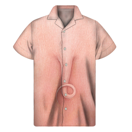 Pink Pig Tail Print Men's Short Sleeve Shirt