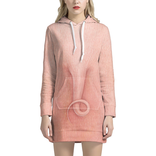 Pink Pig Tail Print Pullover Hoodie Dress