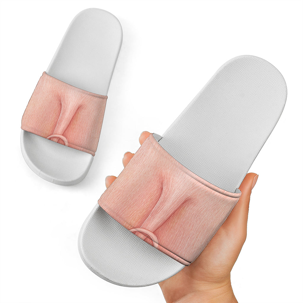Pink Pig Tail Print White Slide Sandals