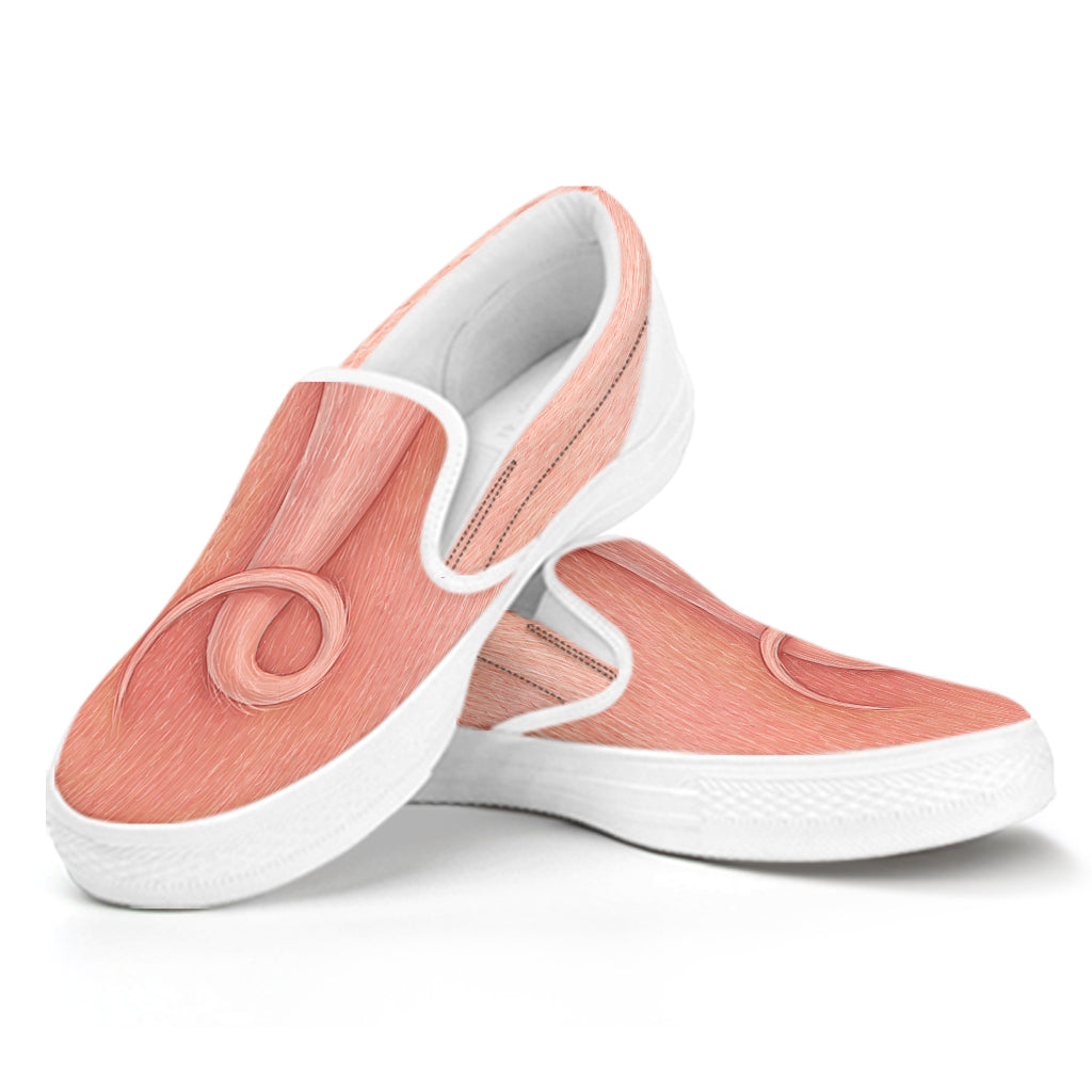 Pink Pig Tail Print White Slip On Shoes