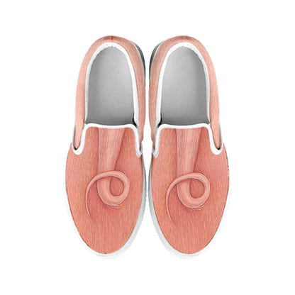 Pink Pig Tail Print White Slip On Shoes