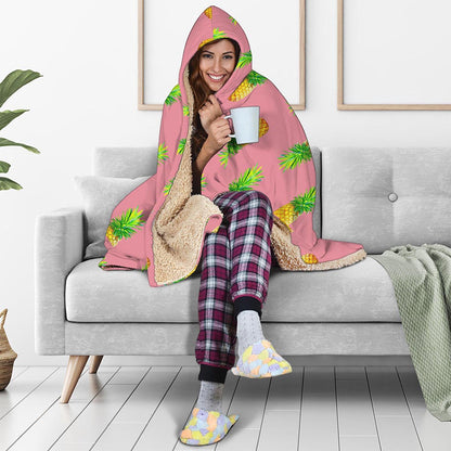 Pink Pineapple Pattern Print Hooded Blanket
