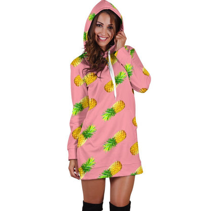 Pink Pineapple Pattern Print Hoodie Dress GearFrost