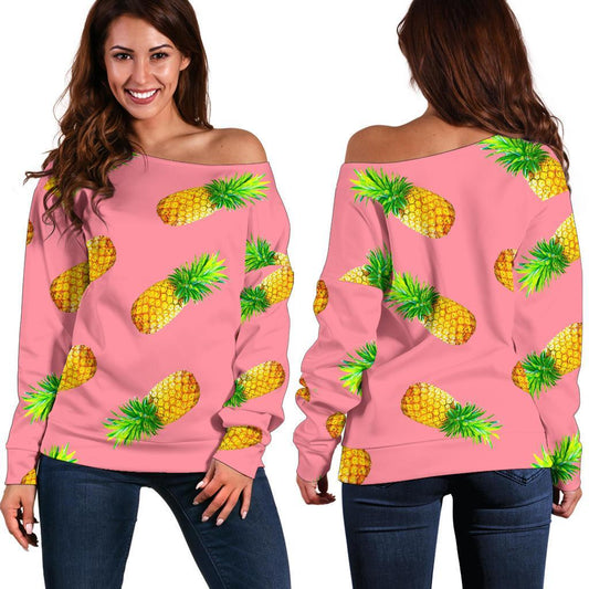 Pink Pineapple Pattern Print Off Shoulder Sweatshirt GearFrost