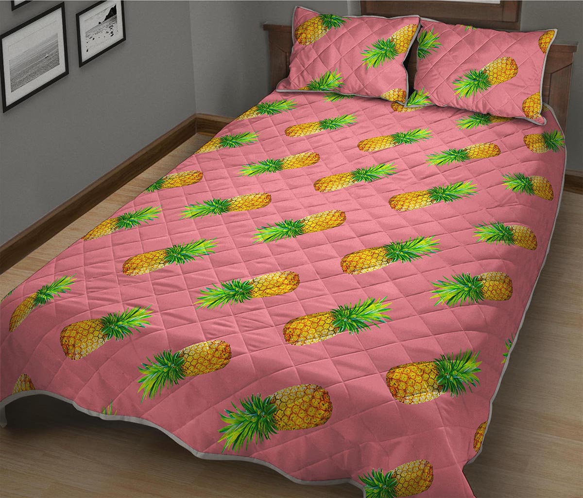 Pink Pineapple Pattern Print Quilt Bed Set