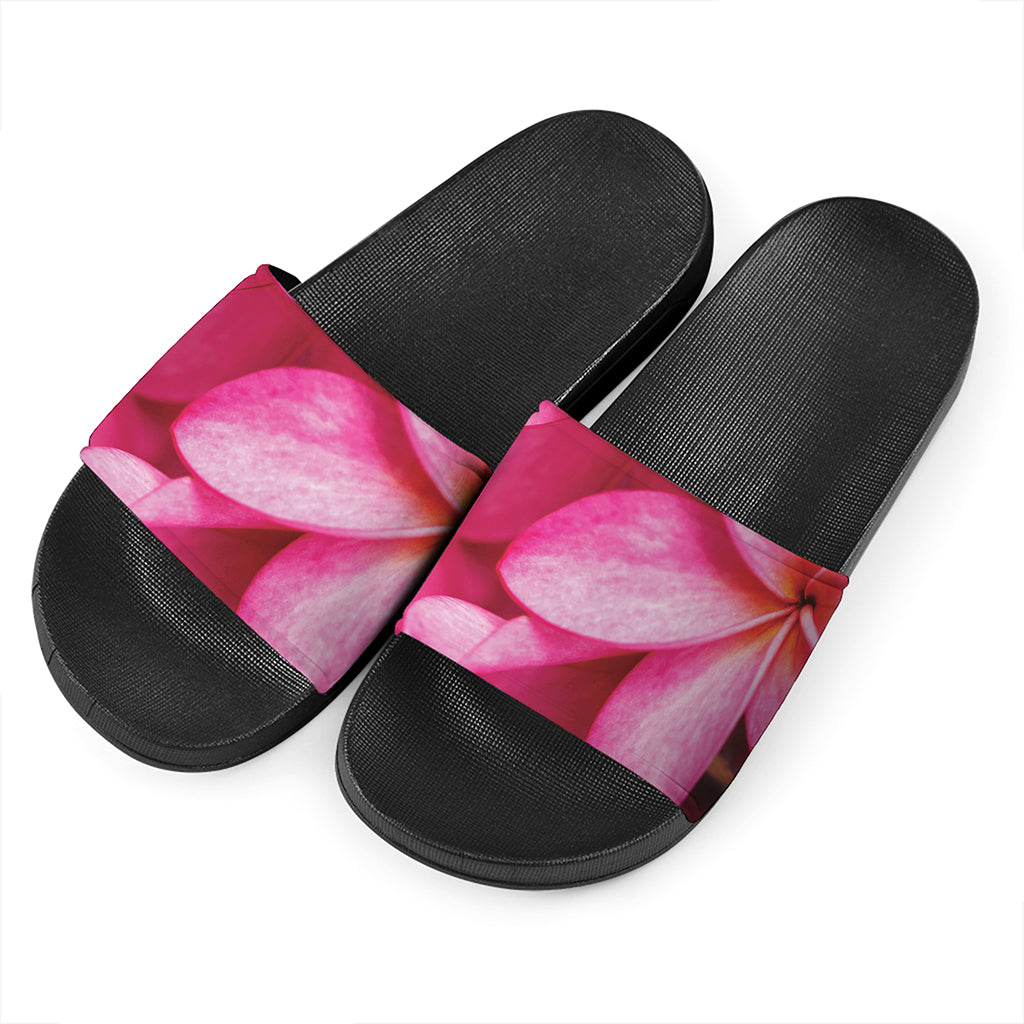 Pink Plumeria Flower Print Black Slide Sandals