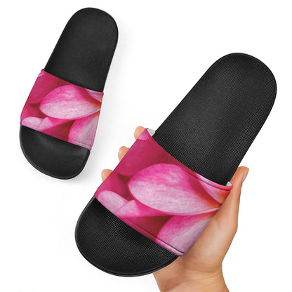 Pink Plumeria Flower Print Black Slide Sandals