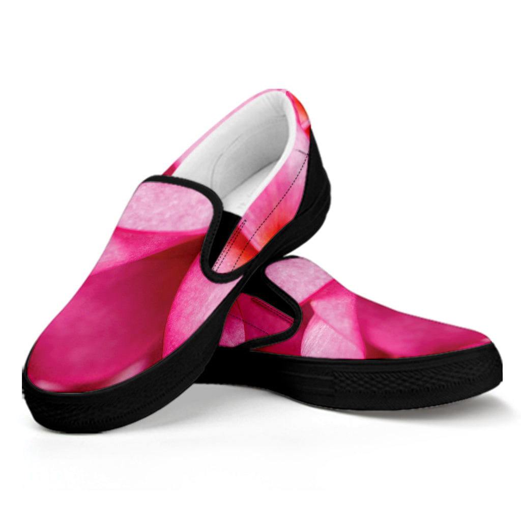 Pink Plumeria Flower Print Black Slip On Shoes