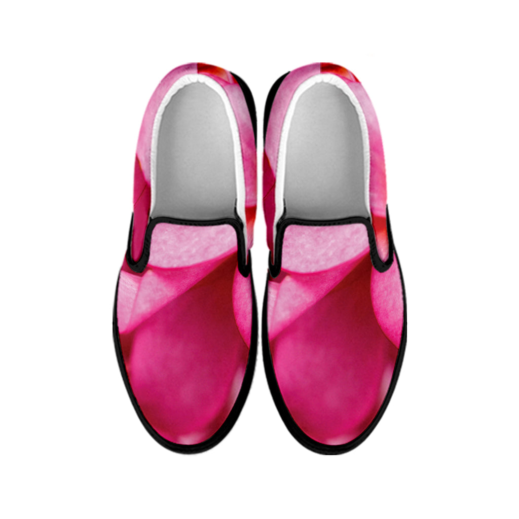 Pink Plumeria Flower Print Black Slip On Shoes