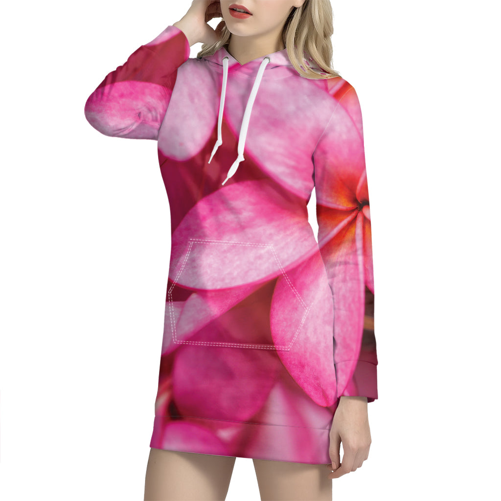 Pink Plumeria Flower Print Hoodie Dress