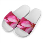 Pink Plumeria Flower Print White Slide Sandals