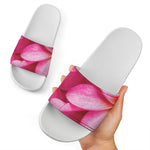 Pink Plumeria Flower Print White Slide Sandals