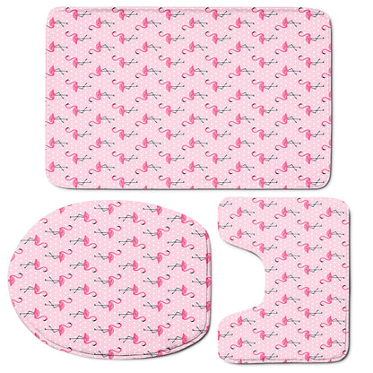 Pink Polka Dot Flamingo Pattern Print 3 Piece Bath Mat Set