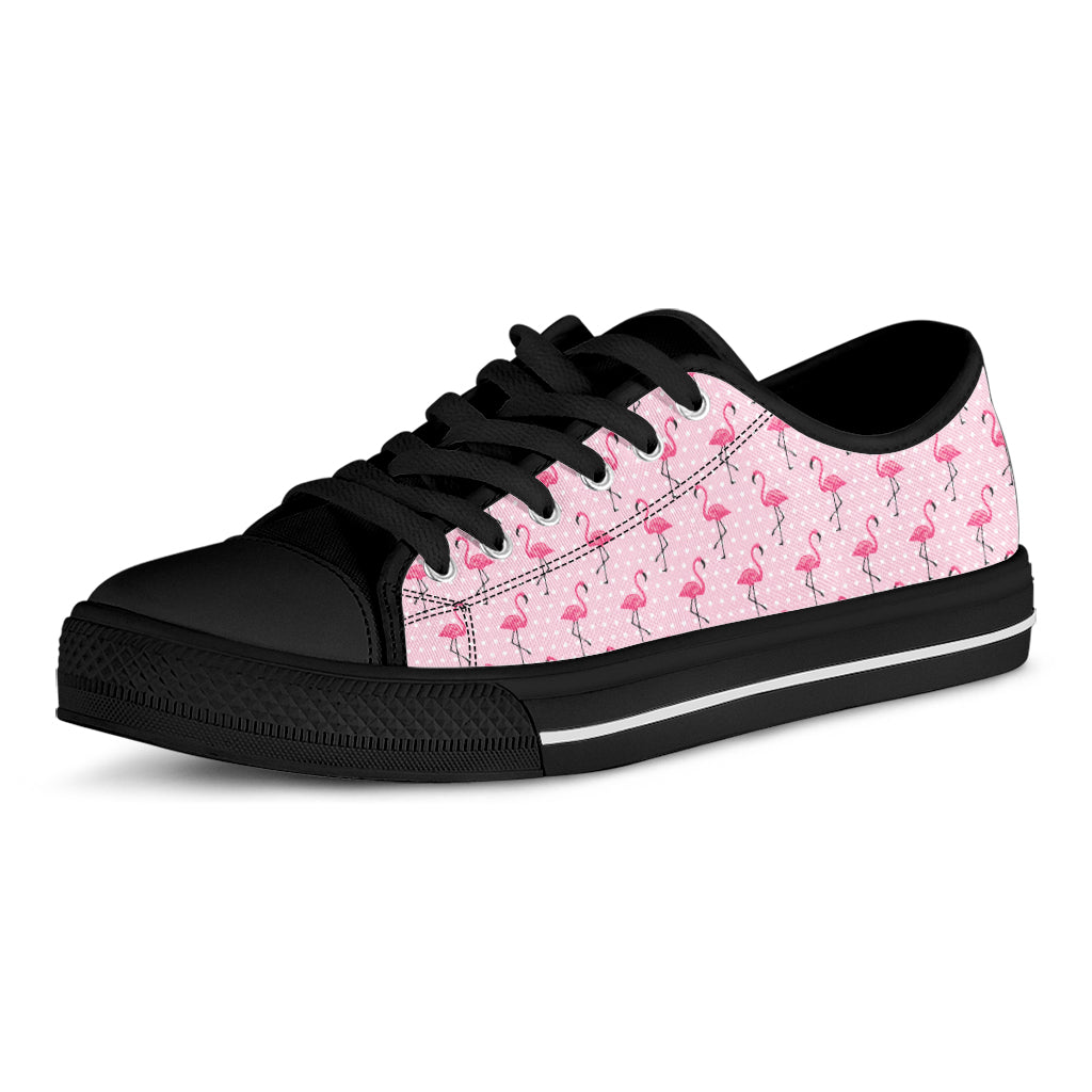 Pink Polka Dot Flamingo Pattern Print Black Low Top Shoes