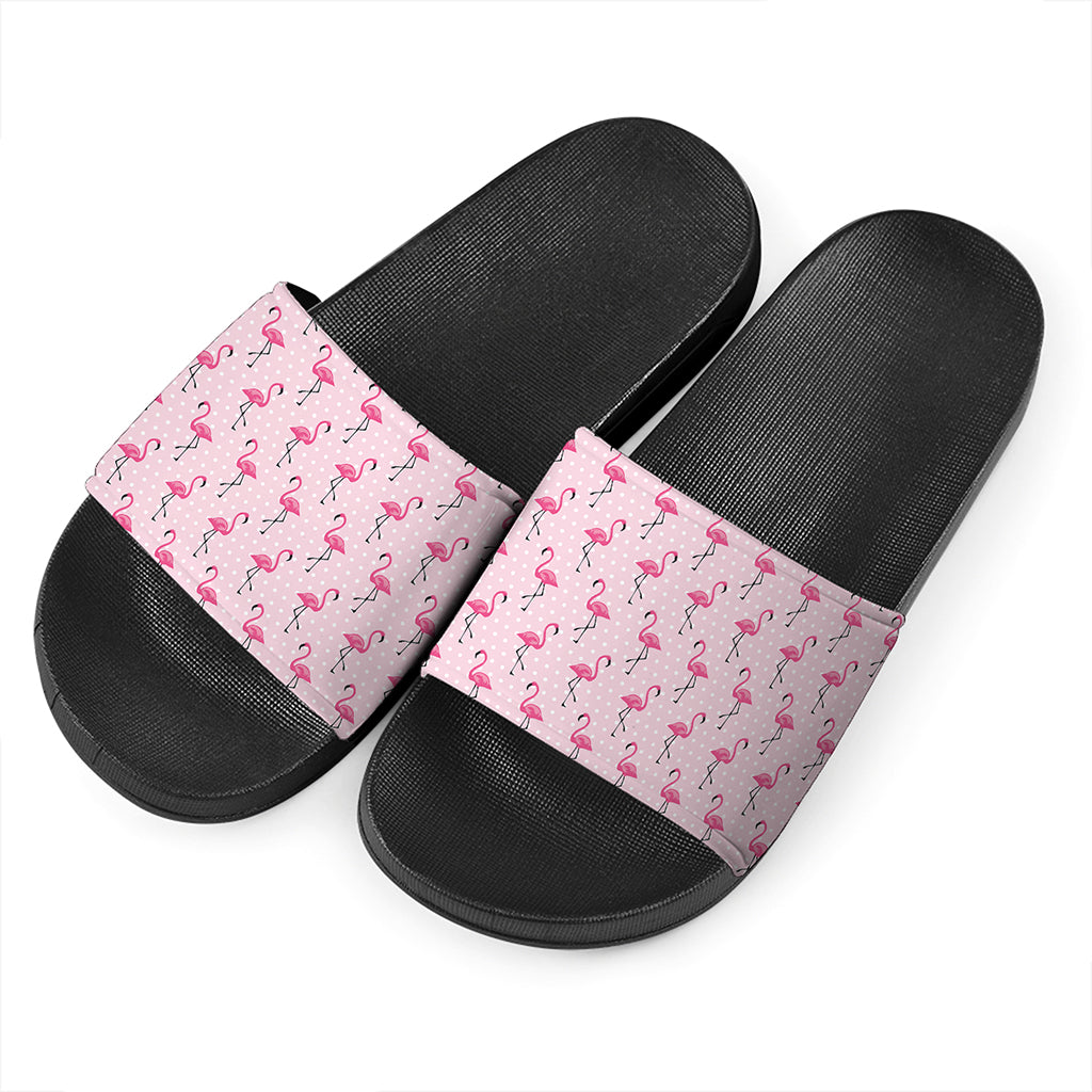 Pink Polka Dot Flamingo Pattern Print Black Slide Sandals