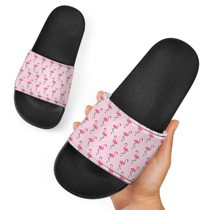 Pink Polka Dot Flamingo Pattern Print Black Slide Sandals