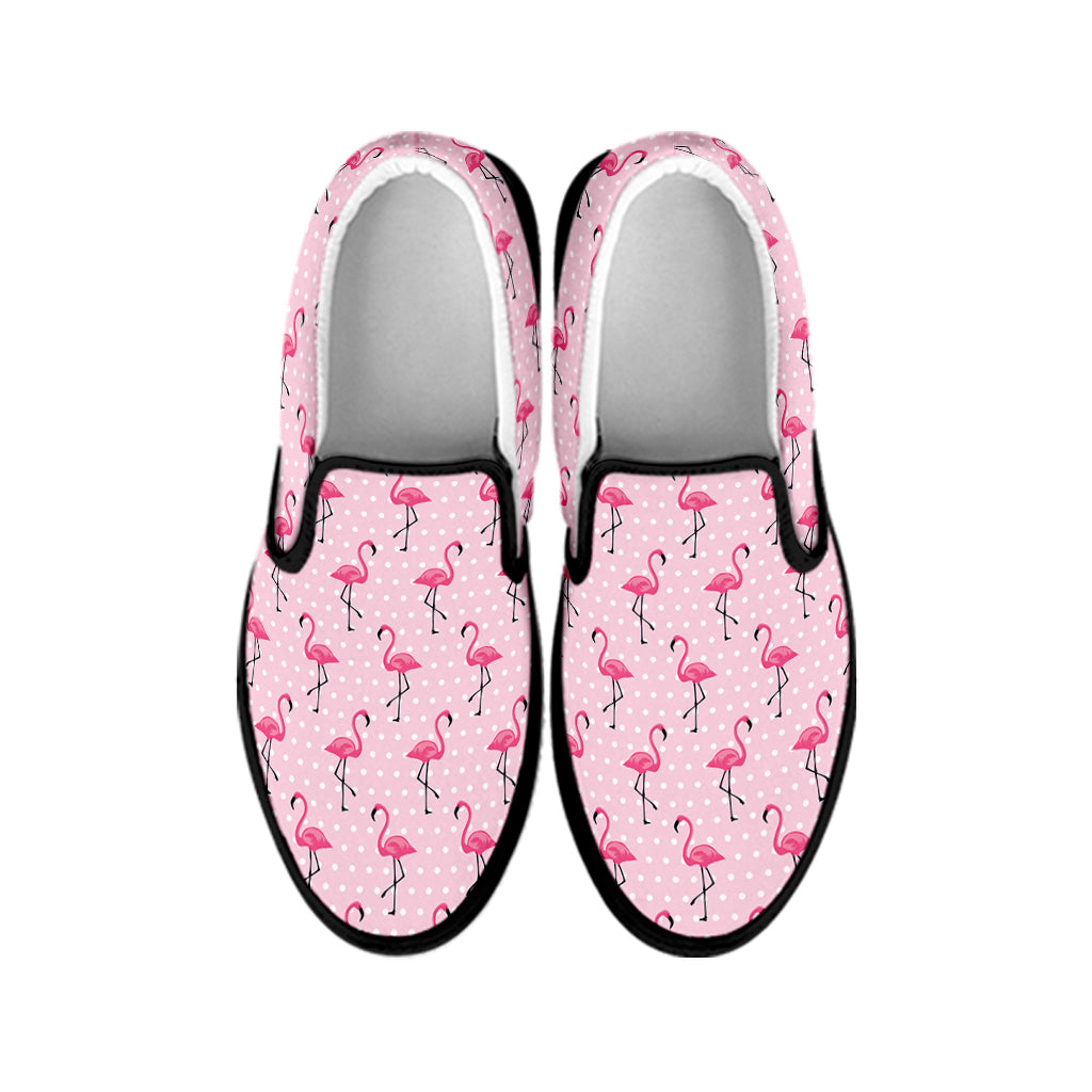 Pink Polka Dot Flamingo Pattern Print Black Slip On Shoes