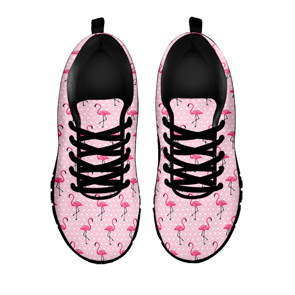 Pink Polka Dot Flamingo Pattern Print Black Sneakers