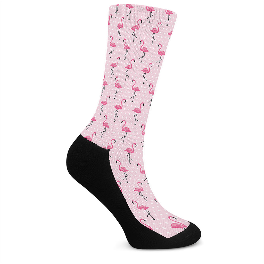 Pink Polka Dot Flamingo Pattern Print Crew Socks