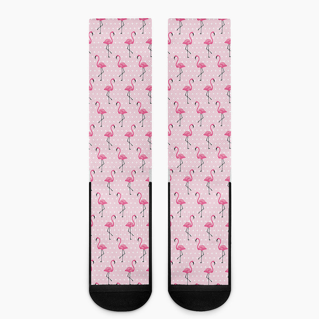 Pink Polka Dot Flamingo Pattern Print Crew Socks