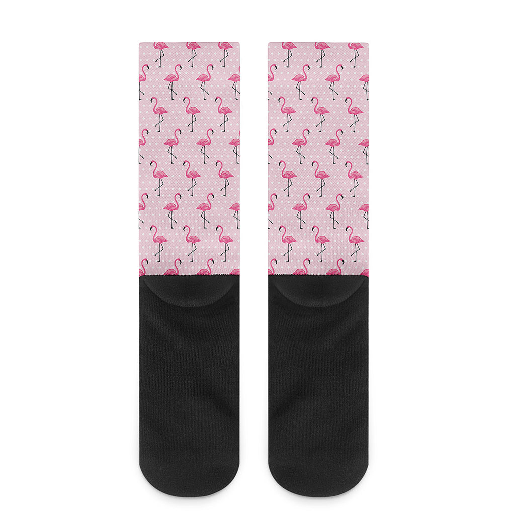 Pink Polka Dot Flamingo Pattern Print Crew Socks