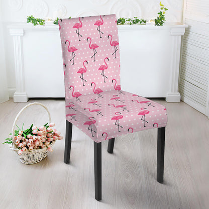 Pink Polka Dot Flamingo Pattern Print Dining Chair Slipcover